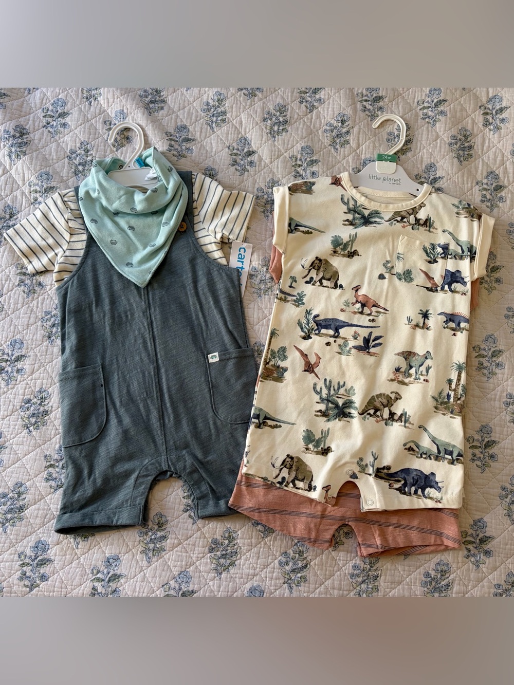 Carter's Two-Piece Kids Matching Romper Set - Blue Green & Cream Dino Print